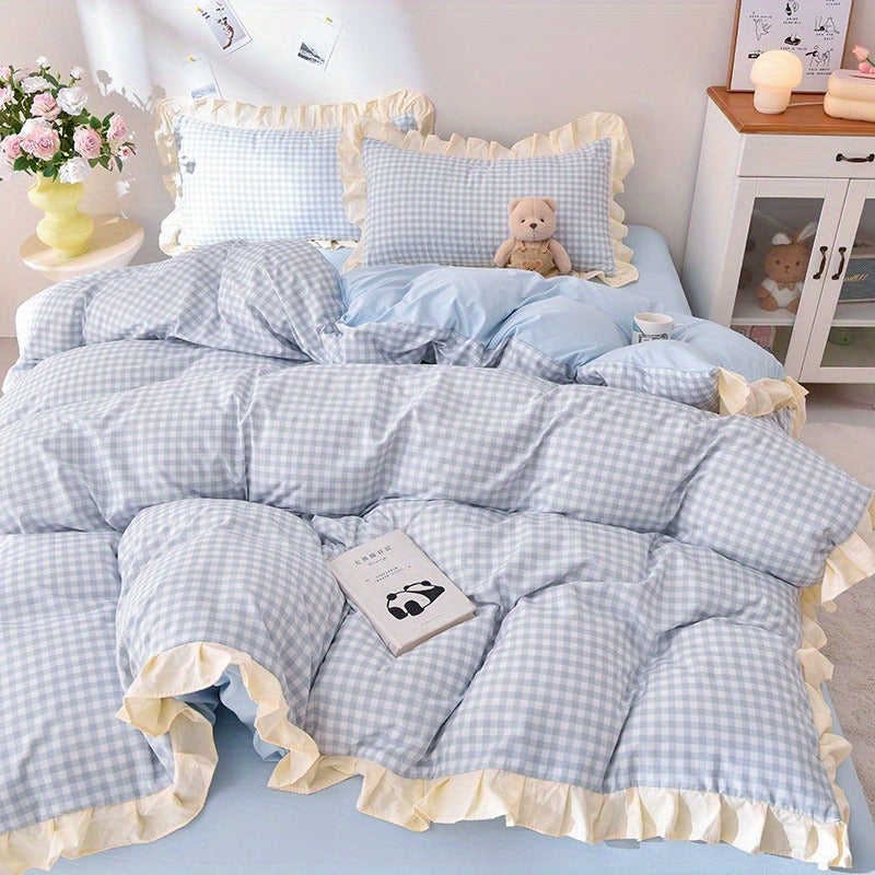 Blue Easy Striped Minimalist Style Bed Sheet 4pcs Set (1 Duvet Cover + 1 Bed Sheet + 2 Pillowcases Combination) Chemical Fiber Fabric Soft Machine Washable All Seasons Available Does Not Include Duvet Insert And Pillow Insert - Image 2
