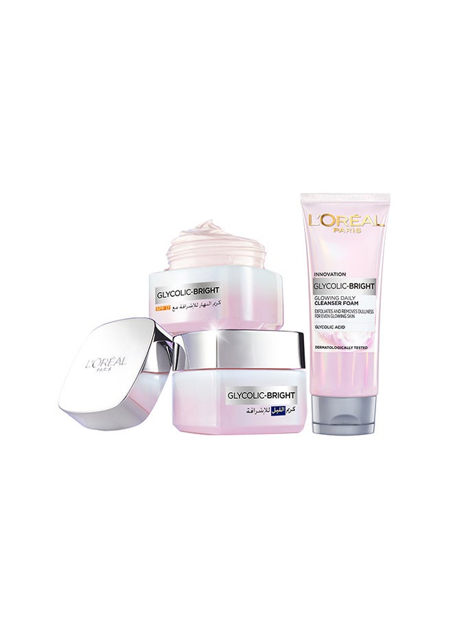 L'OREAL PARIS Glycolic Bright Day Cream 50ML, Night Cream 50ML, Cleansing Foam 100ML  - Image 1