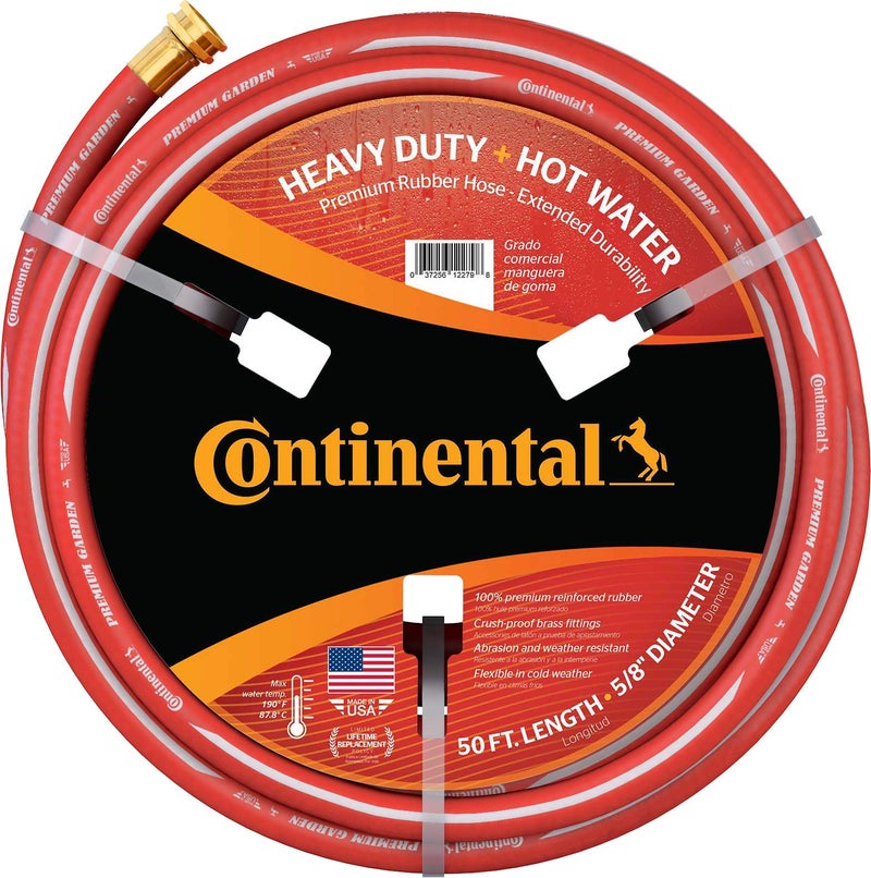 Continental Premium Garden Red Heavy Duty Hot Water Garden Hose, 5/8in Inside Diameter x 50ft Length, Male x Female Garden Hose Thread - Image 1