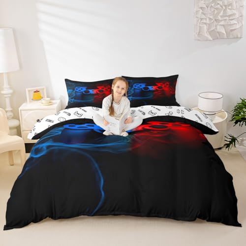 Erosebridal Game Bedding Set for Boys Twin Size,Teens Gamer Room Decor Duvet Cover,Child Gaming Console Comforter Cover,Kids Gamepad Video Games Joysticks Bedspreads Cover,Modern Retro Bedroom Decor Red Blue - Image 2
