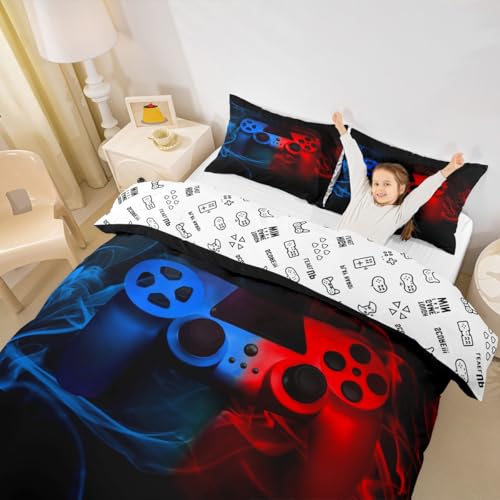 Erosebridal Game Bedding Set for Boys Twin Size,Teens Gamer Room Decor Duvet Cover,Child Gaming Console Comforter Cover,Kids Gamepad Video Games Joysticks Bedspreads Cover,Modern Retro Bedroom Decor Red Blue - Image 3