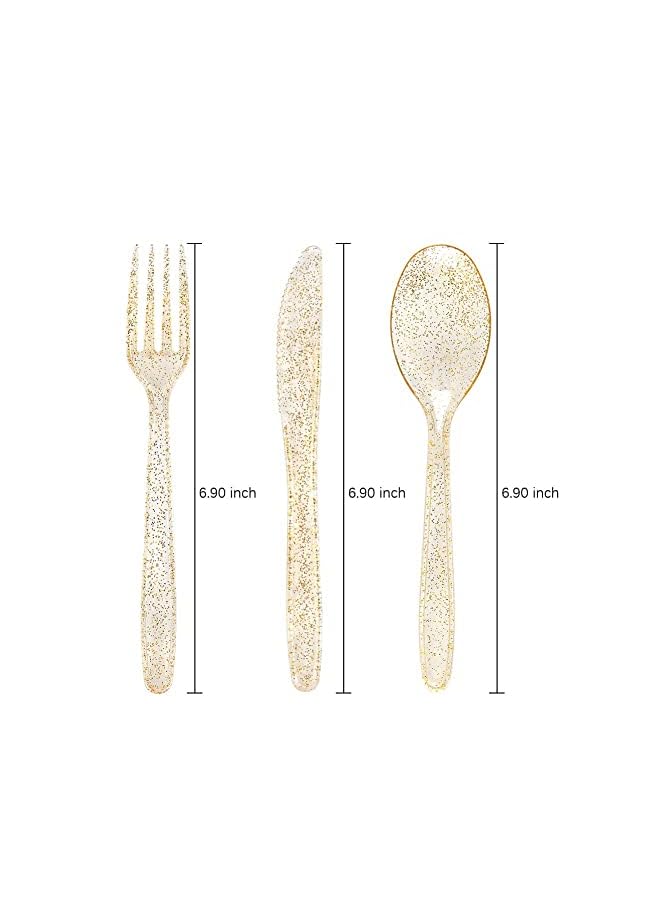 كاست ويف مجموعة أدوات مائدة شوكة وسكين بلاستيك PVC، مجموعة أدوات مائدة بلاستيكية لامعة ذهبية للاستعمال مرة واحدة - أدوات مائدة بلاستيكية تتضمن: 10 شوك ذهبية، 10 ملاعق ذهبية، 10 سكاكين ذهبية - Image 4