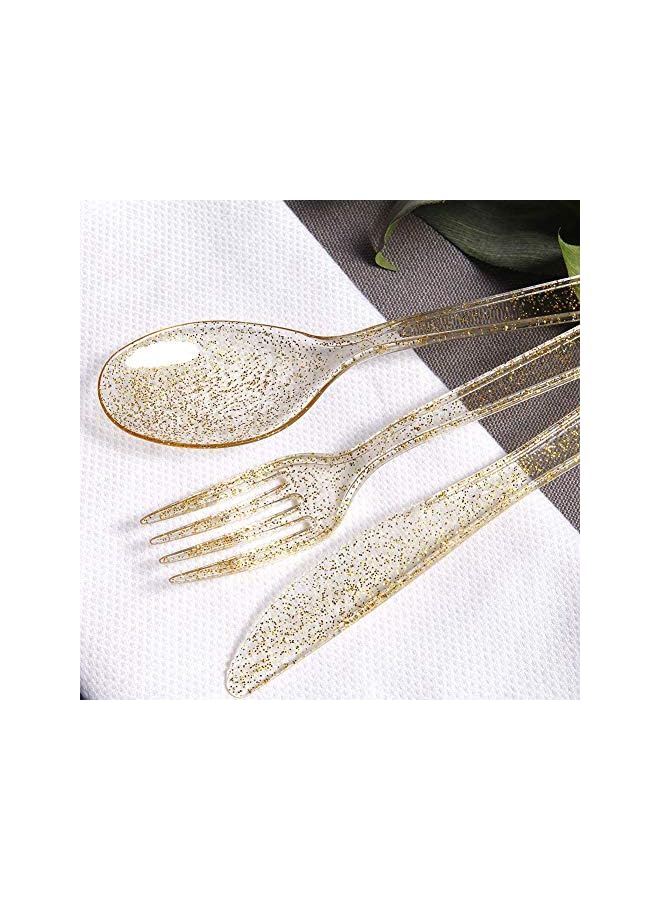 كاست ويف مجموعة أدوات مائدة شوكة وسكين بلاستيك PVC، مجموعة أدوات مائدة بلاستيكية لامعة ذهبية للاستعمال مرة واحدة - أدوات مائدة بلاستيكية تتضمن: 10 شوك ذهبية، 10 ملاعق ذهبية، 10 سكاكين ذهبية - Image 3