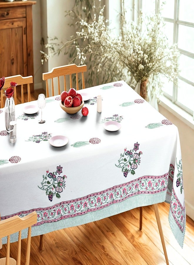 NIRVELLA Rectangle Table Cloth - Cotton Linen Block Print Tablecloth - 60x108 Inch 8 Seater - Boho Farmhouse Decor Indoor Outdoor Picnic Party Banquet Wedding Dining- Provence Meadow (White Green Red) - Image 1