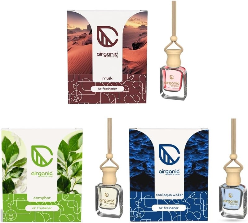 Swing Prime Car Perfume Hanging Pod| Musk, Camphor & Cool Aqua Water| Pack 3 | Car Air Freshener |Natural Essential Fragrance Oils in Glass Bottle with Wooden Diffuser Lid |Last Upto 60 Days - Image 1