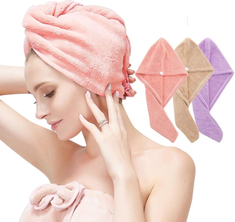 3-Pack Microfibre Hair Towel Wraps, Quick-Drying Hair Turban With Button Design, Super Absorbent Drying Headscarf Towel For All Hair Types