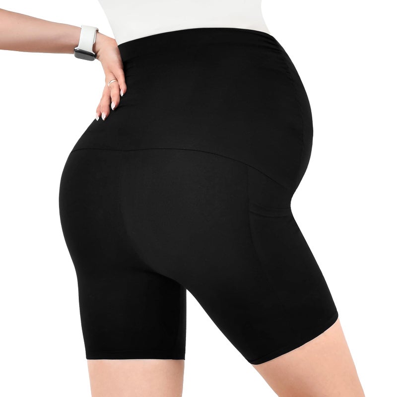 Walifrey Women's Maternity Shorts with Pockets Over The Belly,Pregnancy Yoga Pants Activewear Biker Shorts Casual Black XXL - Image 5
