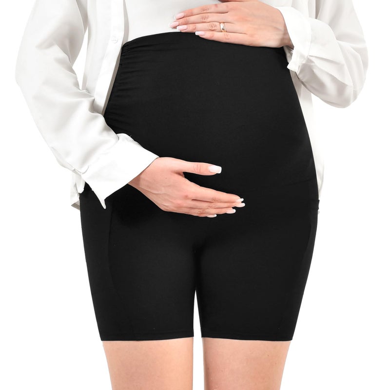 Walifrey Women's Maternity Shorts with Pockets Over The Belly,Pregnancy Yoga Pants Activewear Biker Shorts Casual Black XXL - Image 4