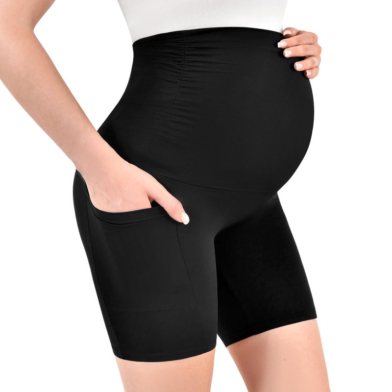Walifrey Women's Maternity Shorts with Pockets Over The Belly,Pregnancy Yoga Pants Activewear Biker Shorts Casual Black XXL - Image 2