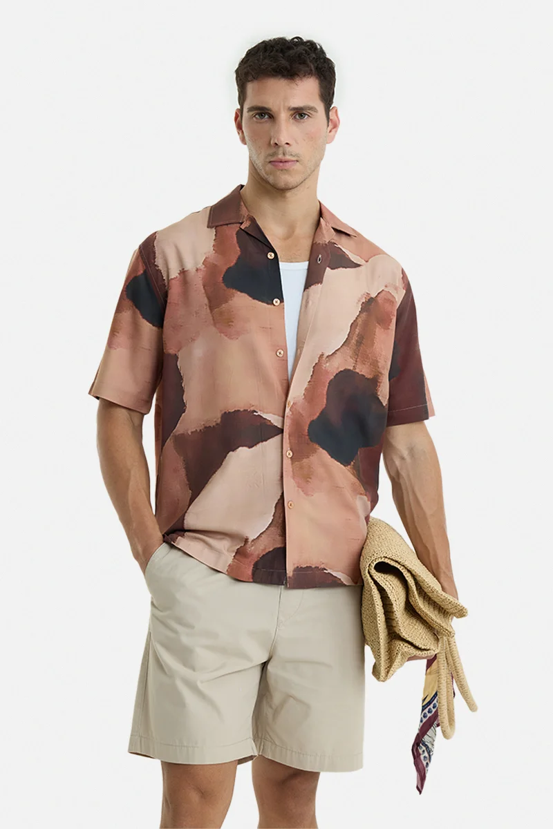 سنيتش Rust Abstract Half Sleeve Boxy Vacation Shirt