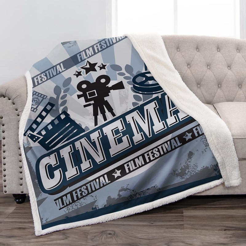 Jekeno Jekeno Movie Theater Blanket Vintage Cinema Poster Design with Grunge Effect and Old Fashioned Print Throw Sherpa Blanket  Movie Decor Cozy Warm for Home Bedroom Sofa Office 50""x60"" - Image 1