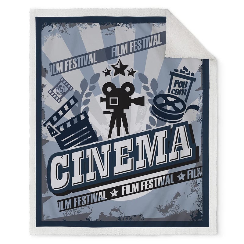 Jekeno Jekeno Movie Theater Blanket Vintage Cinema Poster Design with Grunge Effect and Old Fashioned Print Throw Sherpa Blanket  Movie Decor Cozy Warm for Home Bedroom Sofa Office 50""x60"" - Image 2