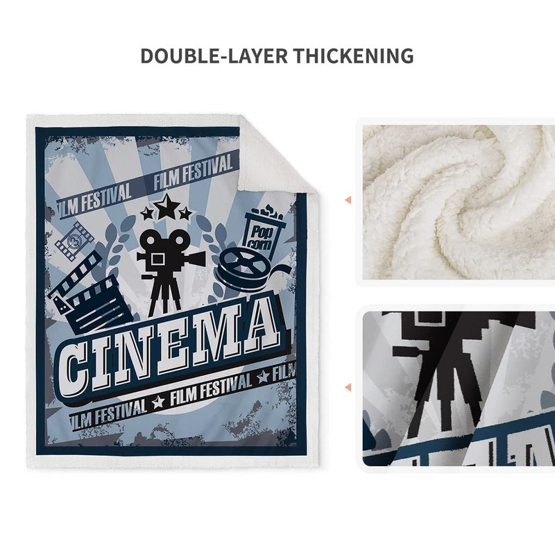 Jekeno Jekeno Movie Theater Blanket Vintage Cinema Poster Design with Grunge Effect and Old Fashioned Print Throw Sherpa Blanket  Movie Decor Cozy Warm for Home Bedroom Sofa Office 50""x60"" - Image 3