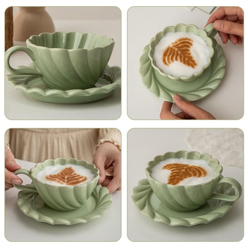 Spring Green Ceramic Tea Cup and Saucer Set Handmade Latte Coffee Mug - Image 4