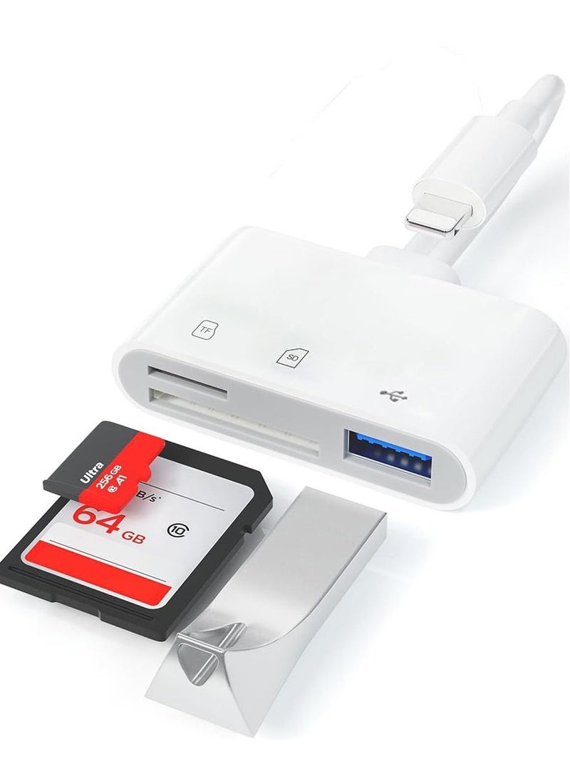 FLOWING - SD Card Reader for iPhone, Lightning to SD Card Reader, 3-in-1 SD Card Reader for SD Card/Micro SD Digital Camera Adapter Compatible with iPhone, Plug and Play SD Card Reader - Image 1