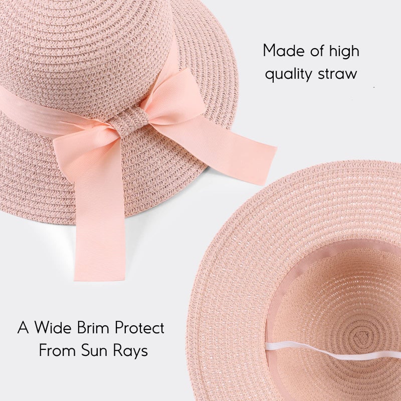 Zsedrut Women Sun Straw Hat Summer Beach Cap Foldable Sun Visor Wide Brim with Strap,Big Bowknot,Adjustable Size (PinkBow,Women) - Image 3