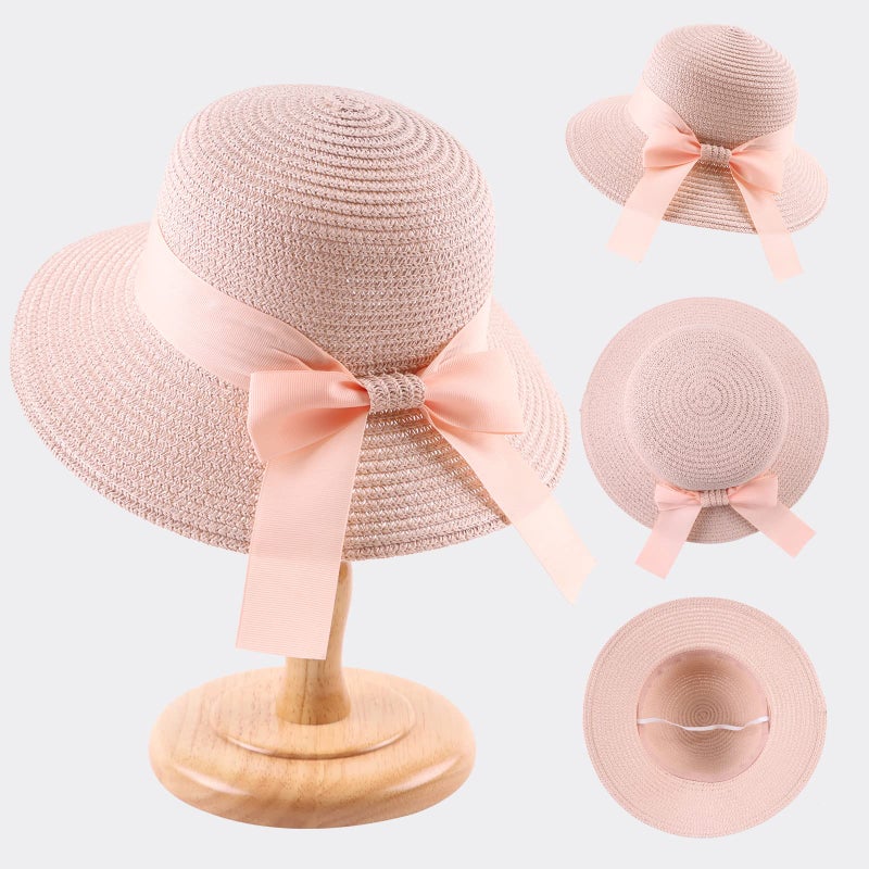 Zsedrut Women Sun Straw Hat Summer Beach Cap Foldable Sun Visor Wide Brim with Strap,Big Bowknot,Adjustable Size (PinkBow,Women) - Image 2