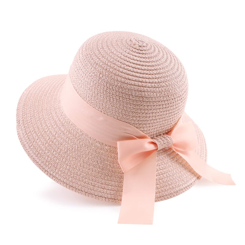 Zsedrut Women Sun Straw Hat Summer Beach Cap Foldable Sun Visor Wide Brim with Strap,Big Bowknot,Adjustable Size (PinkBow,Women) - Image 1
