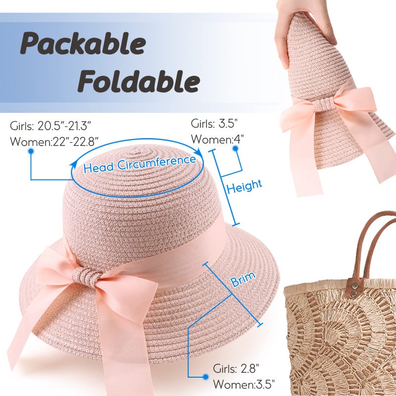 Zsedrut Women Sun Straw Hat Summer Beach Cap Foldable Sun Visor Wide Brim with Strap,Big Bowknot,Adjustable Size (PinkBow,Women) - Image 5