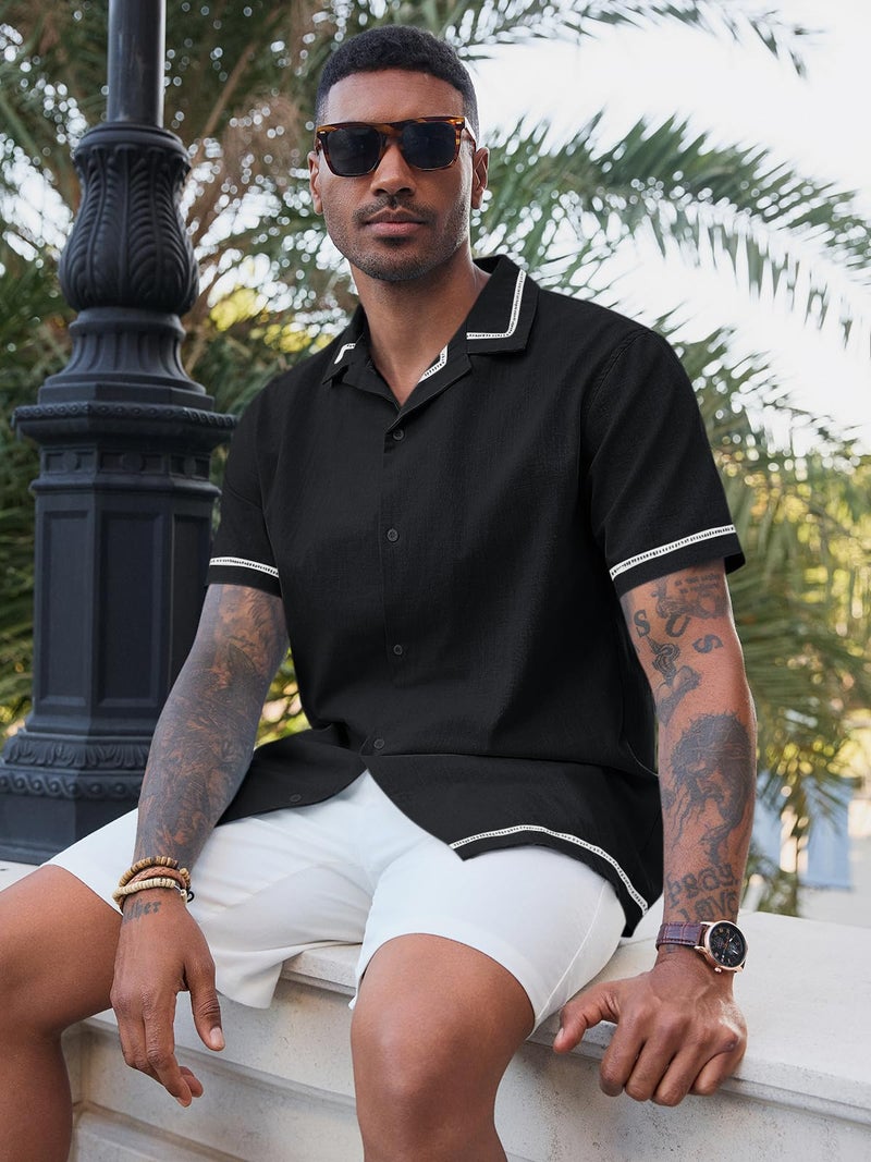 Runcati Mens Short Sleeve Shirt Button Down Casual Cuban Linen Shirts Summer Beach Vacation Tops Black - Image 4