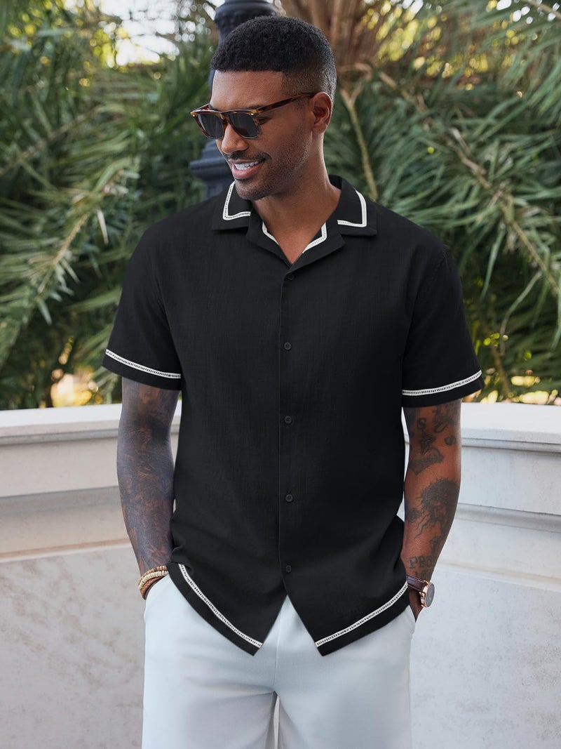 Runcati Mens Short Sleeve Shirt Button Down Casual Cuban Linen Shirts Summer Beach Vacation Tops Black - Image 2