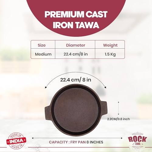 Rock Tawa Cast Iron Shallow Pan Fry/Fish Fry/Omelet Pan 8 Inch Pre-Seasoned 750ML - Image 3