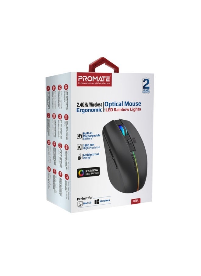 Promats Promate Kitt 2.4GHz Wireless Ergonomic Optical Mouse with LED Rainbow Lights  - Image 2