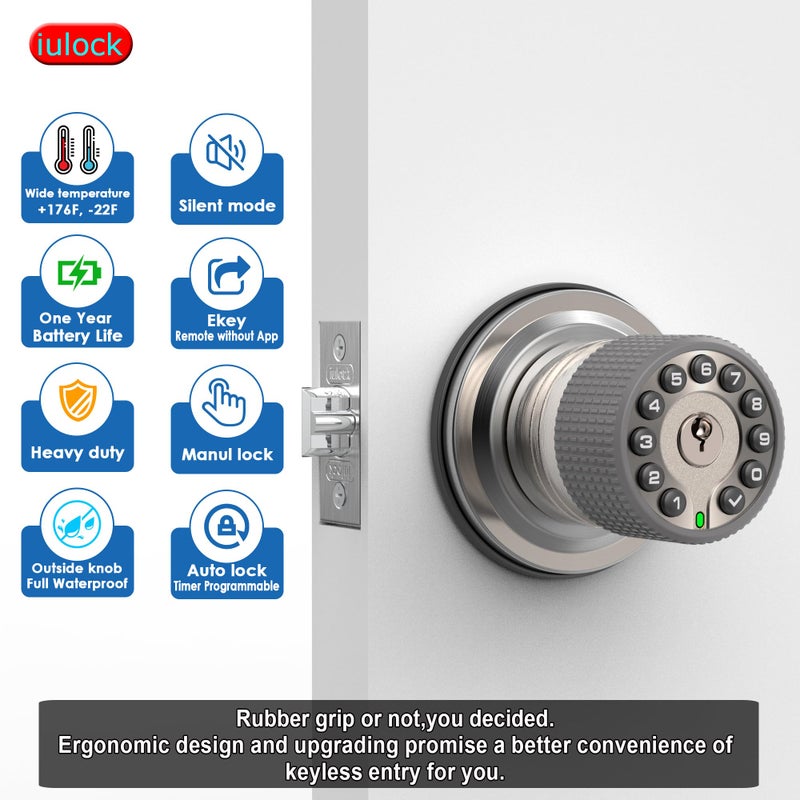 iulock Smart Door Knob with Keypad and Key,Keyless Entry Door Lock with Rubber Grip, Auto Lock,50 User Code,Waterproof, Easy to Install and Program for Bedroom Garage Office Gate (Satin Nickel) - Image 3