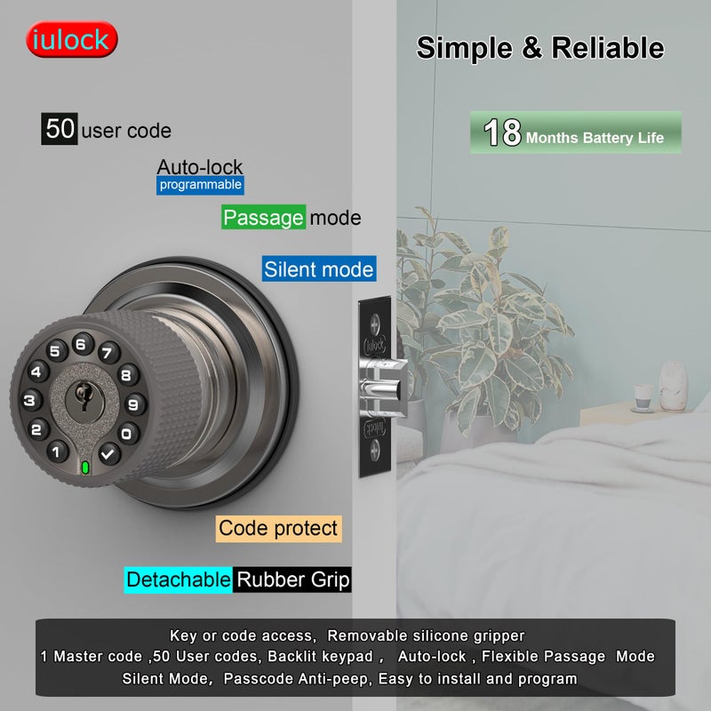 iulock Smart Door Knob with Keypad and Key,Keyless Entry Door Lock with Rubber Grip, Auto Lock,50 User Code,Waterproof, Easy to Install and Program for Bedroom Garage Office Gate (Satin Nickel) - Image 2