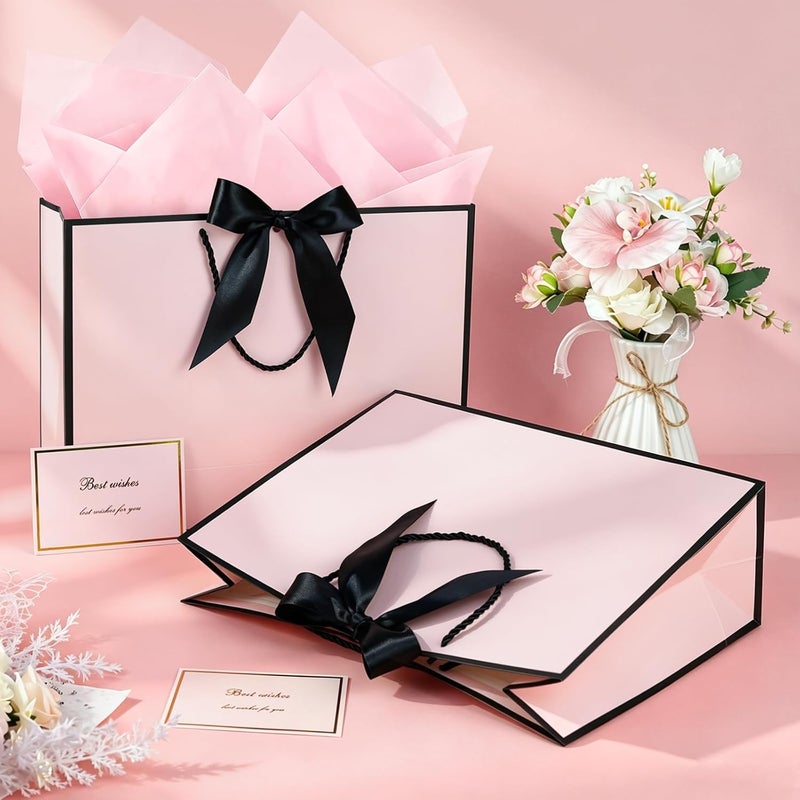 Gift Bags with Handles, 13” Medium Gift Bag for Presents with Tissue Paper and Card - Black-Pink - Image 3