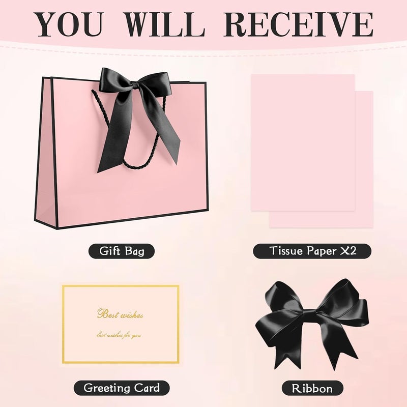 Gift Bags with Handles, 13” Medium Gift Bag for Presents with Tissue Paper and Card - Black-Pink - Image 2