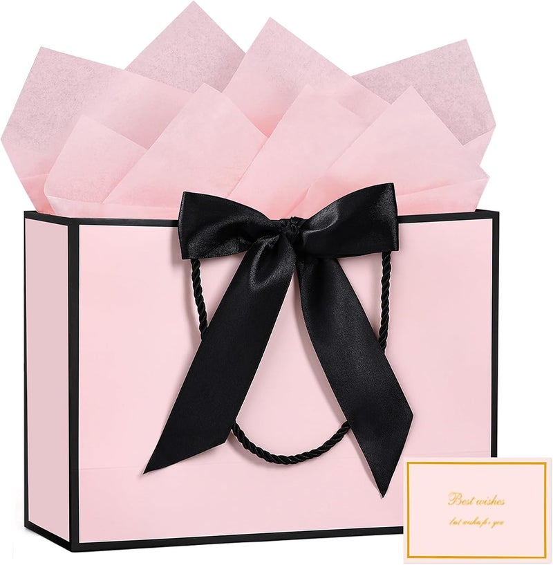 Gift Bags with Handles, 13” Medium Gift Bag for Presents with Tissue Paper and Card - Black-Pink - Image 1