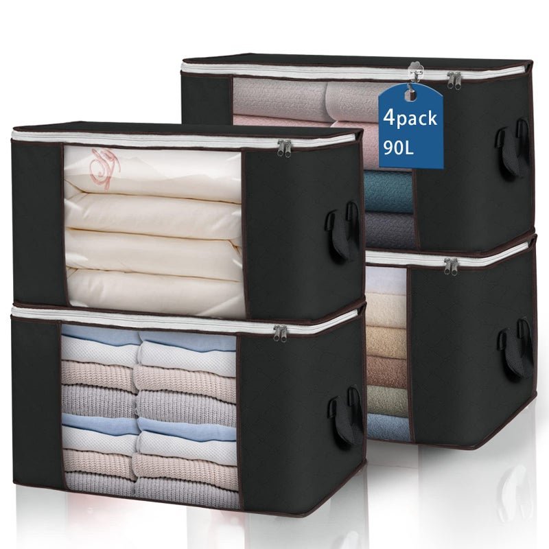 Large Storage Bags 4 Pack Clothes Storage Bins Foldable Closet Organizers Storage Containers with Durable Handles Thick Fabric for Blanket Comforter Clothing Bedding 90 L Black