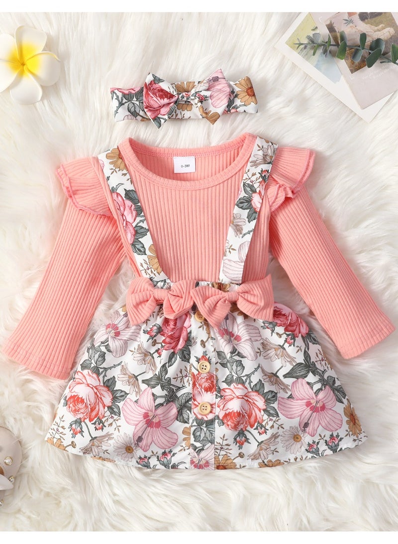 3-Piece Baby Girl Outfit Set – Floral Romper + Bowknot Skirt & Headband, Newborn Baby Clothes, Baby Gift Set, Soft Cotton – 3-6M - Image 3