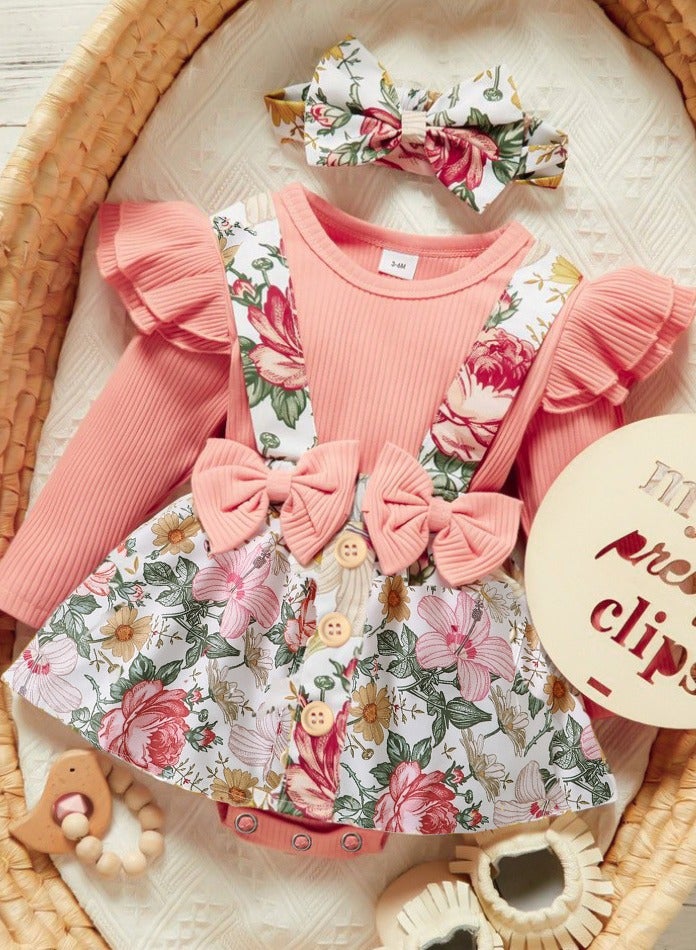 3-Piece Baby Girl Outfit Set – Floral Romper + Bowknot Skirt & Headband, Newborn Baby Clothes, Baby Gift Set, Soft Cotton – 3-6M - Image 1