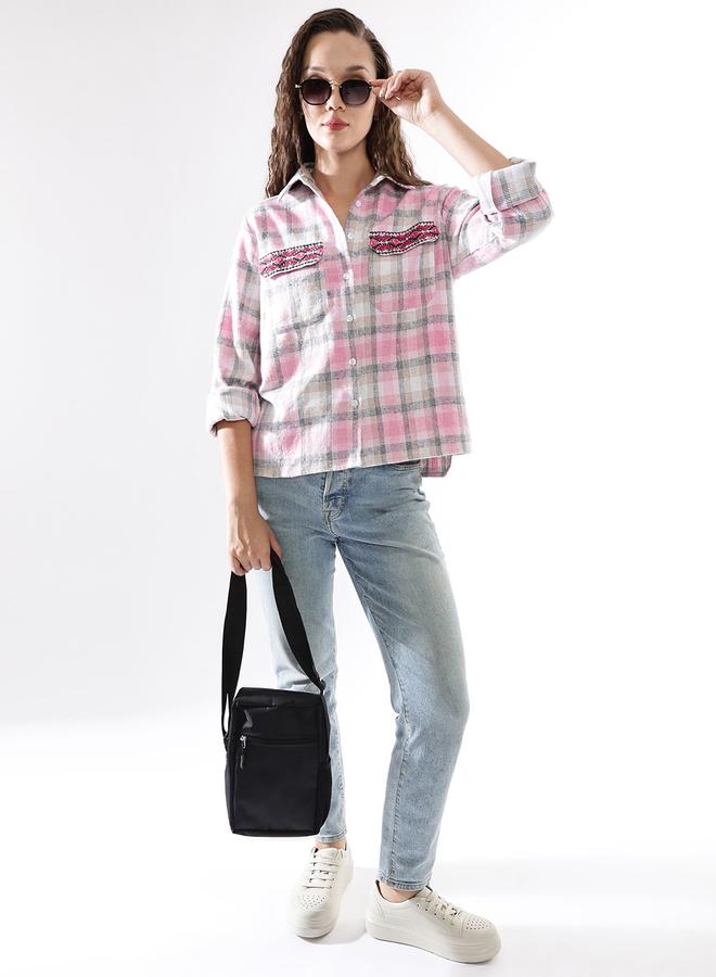 HIGH STAR Women'S Multicolour 100% Cotton Embroidered Button Down Relaxed Shirt - Image 2