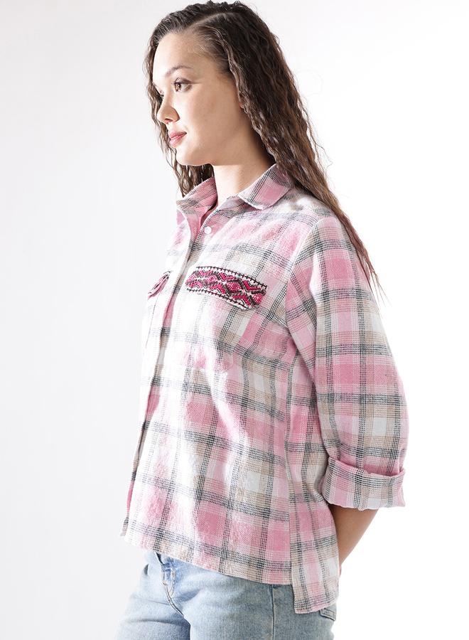 HIGH STAR Women'S Multicolour 100% Cotton Embroidered Button Down Relaxed Shirt - Image 3