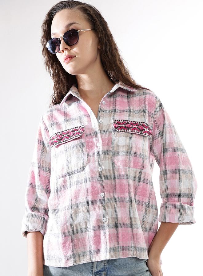 HIGH STAR Women'S Multicolour 100% Cotton Embroidered Button Down Relaxed Shirt - Image 1