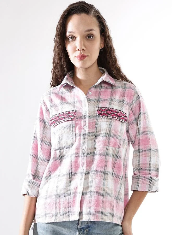 HIGH STAR Women'S Multicolour 100% Cotton Embroidered Button Down Relaxed Shirt