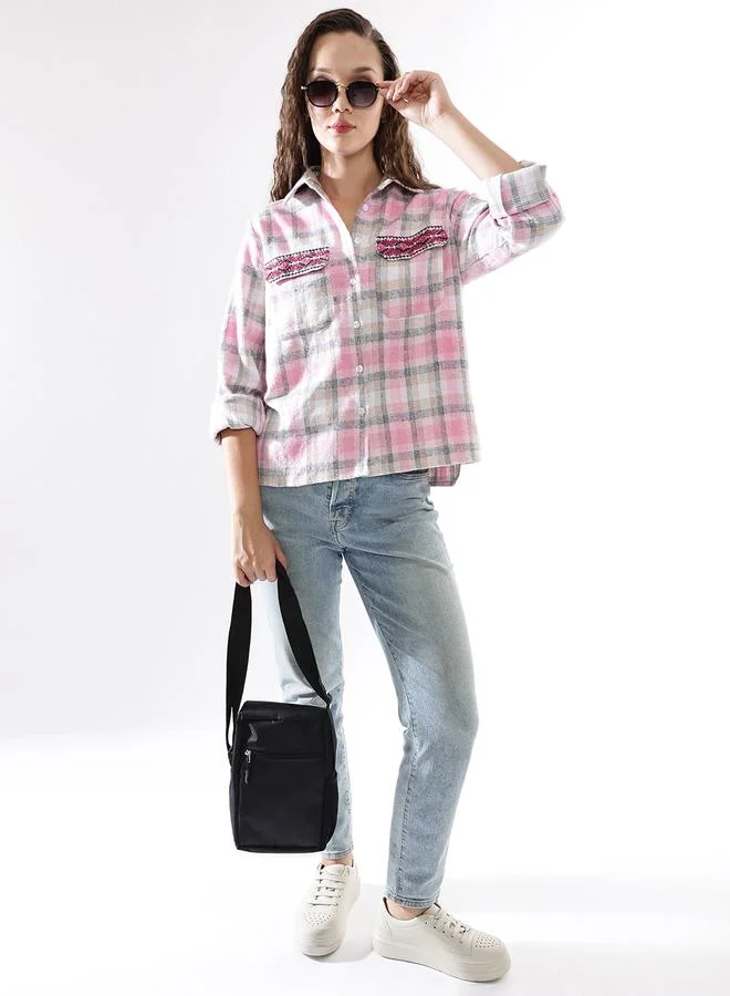 HIGH STAR Women'S Multicolour 100% Cotton Embroidered Button Down Relaxed Shirt