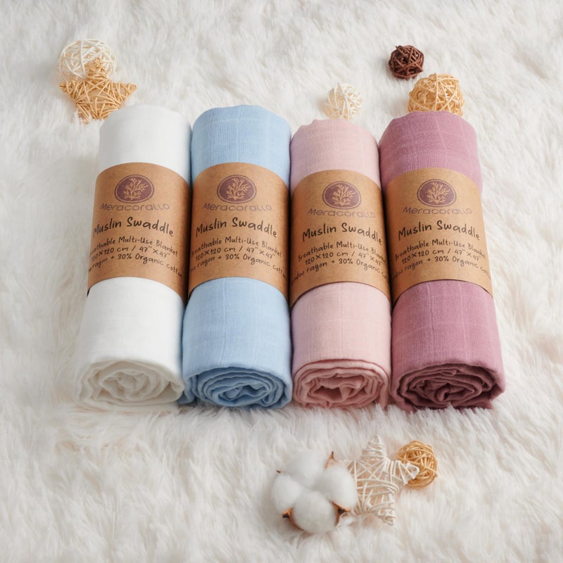 Meracorallo Muslin Swaddle Blanket Silky Soft Receiving Blanket Neutral Swaddle Wrap for Baby Boys and Girls, 47 x 47 inches, Set of 4 Solid Color (White+Blue+Pink+Purple) - Image 2
