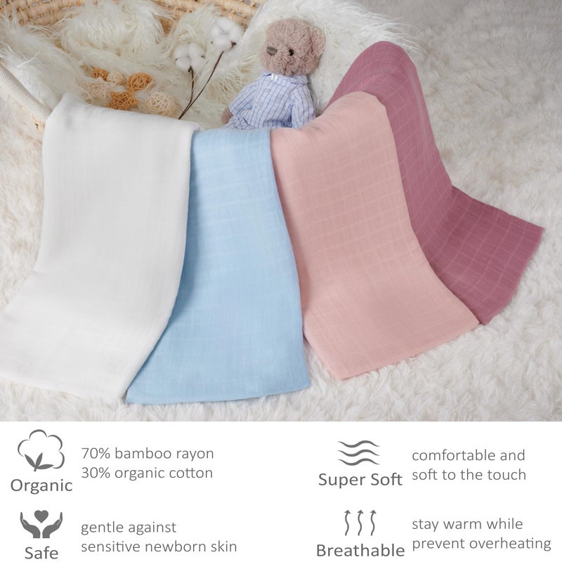 Meracorallo Muslin Swaddle Blanket Silky Soft Receiving Blanket Neutral Swaddle Wrap for Baby Boys and Girls, 47 x 47 inches, Set of 4 Solid Color (White+Blue+Pink+Purple) - Image 3