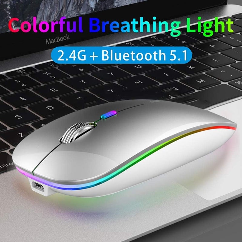 TENMOS Wireless Bluetooth Mouse, LED Slim (Bluetooth 5.1 + USB) 2.4GHz Rechargeable Silent Bluetooth Wireless Mouse with Type C Adapter for Laptop/MacBook/iPad OS 13 and Above (Silver) - Image 2