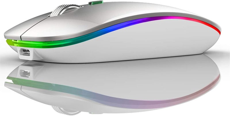 TENMOS Wireless Bluetooth Mouse, LED Slim (Bluetooth 5.1 + USB) 2.4GHz Rechargeable Silent Bluetooth Wireless Mouse with Type C Adapter for Laptop/MacBook/iPad OS 13 and Above (Silver) - Image 1