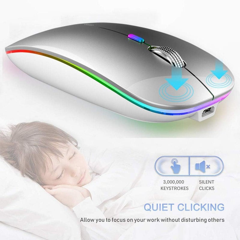 TENMOS Wireless Bluetooth Mouse, LED Slim (Bluetooth 5.1 + USB) 2.4GHz Rechargeable Silent Bluetooth Wireless Mouse with Type C Adapter for Laptop/MacBook/iPad OS 13 and Above (Silver) - Image 5