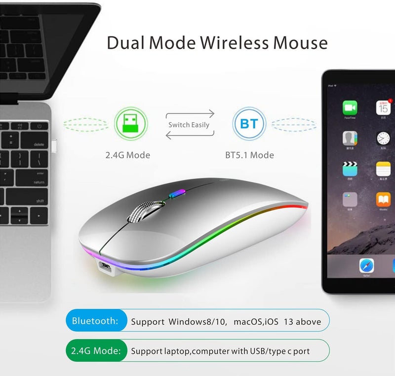 TENMOS Wireless Bluetooth Mouse, LED Slim (Bluetooth 5.1 + USB) 2.4GHz Rechargeable Silent Bluetooth Wireless Mouse with Type C Adapter for Laptop/MacBook/iPad OS 13 and Above (Silver) - Image 3