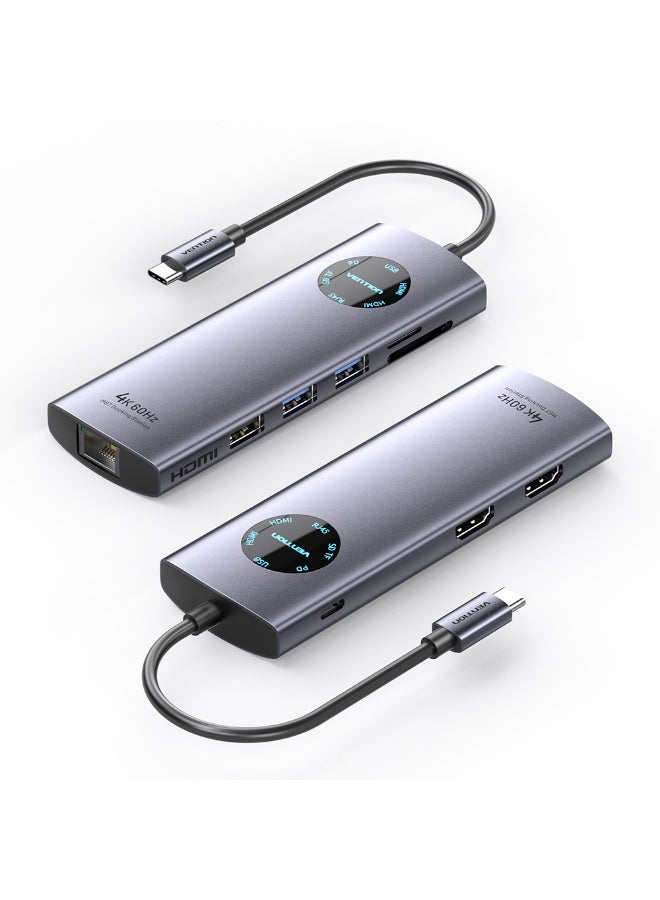 VENTION USB-C to HDMI x 2/USB 3.0 x 2/USB 2.0/RJ45/SD/TF/PD MST Docking Station 0.15M Gray Aluminum Alloy Type Model #TQVHB - Image 1