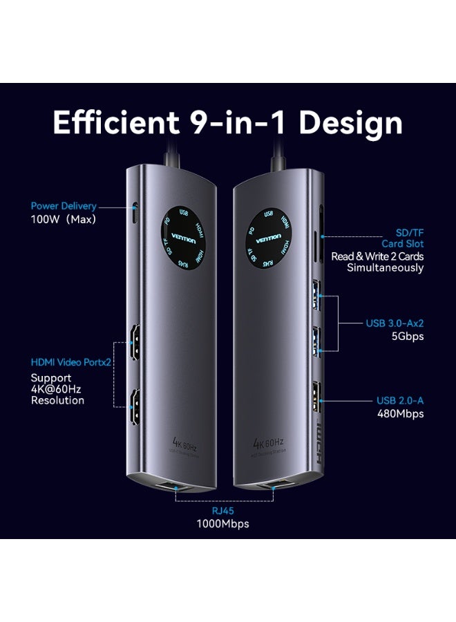 VENTION USB-C to HDMI x 2/USB 3.0 x 2/USB 2.0/RJ45/SD/TF/PD MST Docking Station 0.15M Gray Aluminum Alloy Type Model #TQVHB - Image 4