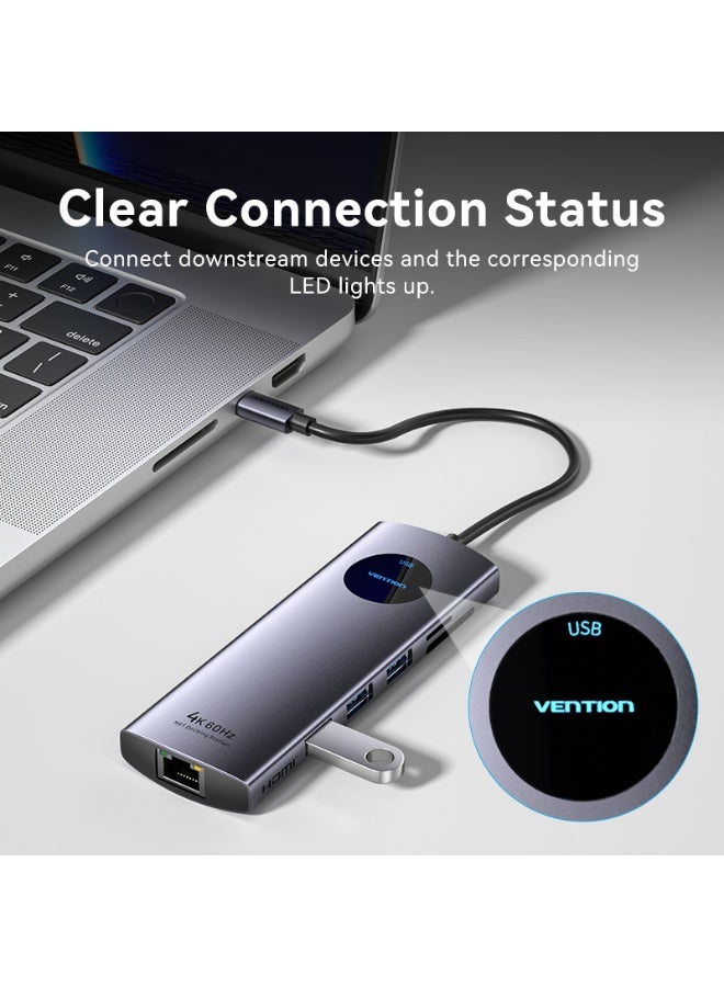 VENTION USB-C to HDMI x 2/USB 3.0 x 2/USB 2.0/RJ45/SD/TF/PD MST Docking Station 0.15M Gray Aluminum Alloy Type Model #TQVHB - Image 3