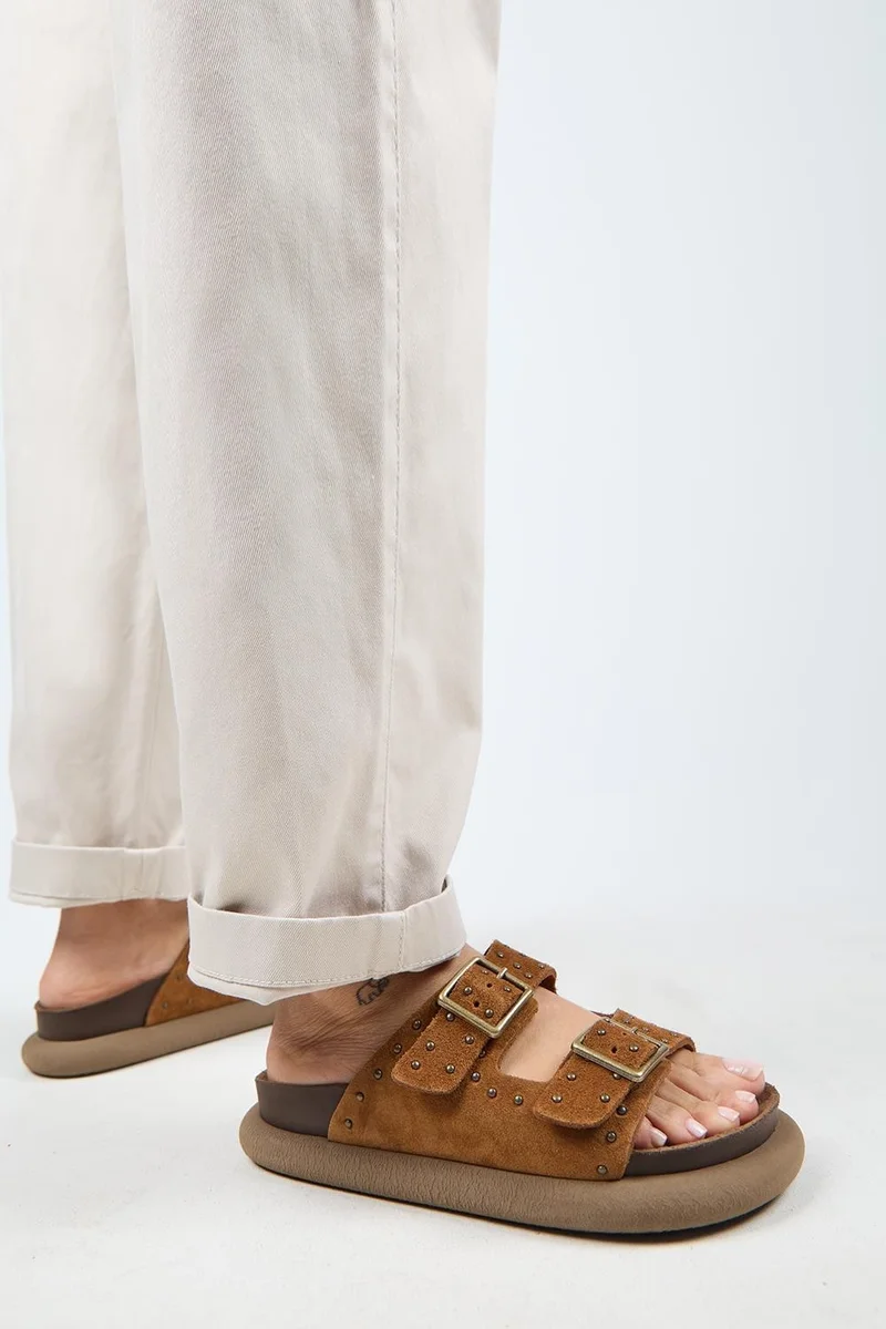 Manijero Manijero (Sude) Women's Genuine Leather Double Buckle Tan Slippers